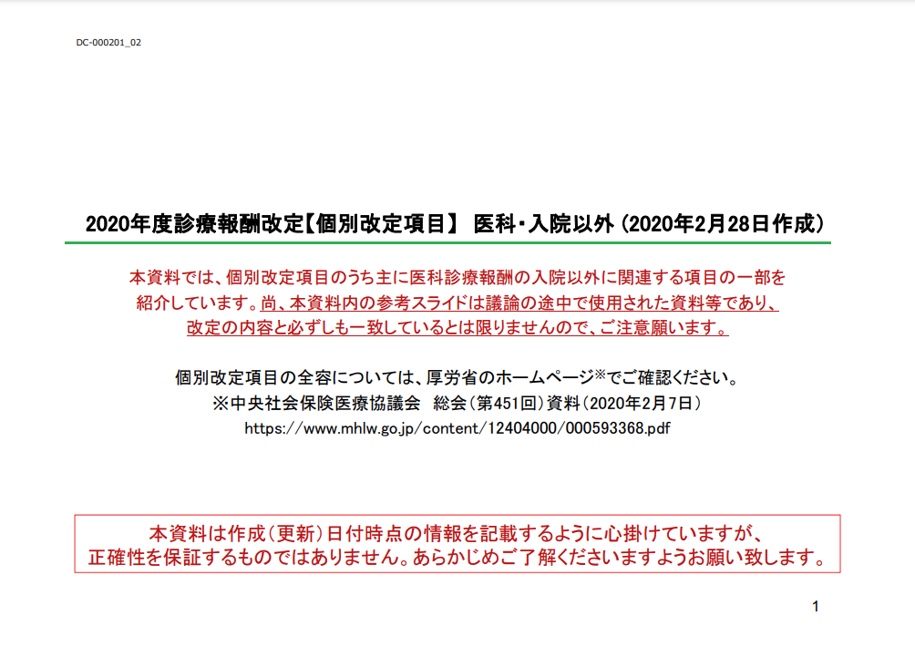 2020年度診療報酬改定【個別改定項目】医科（入院以外）