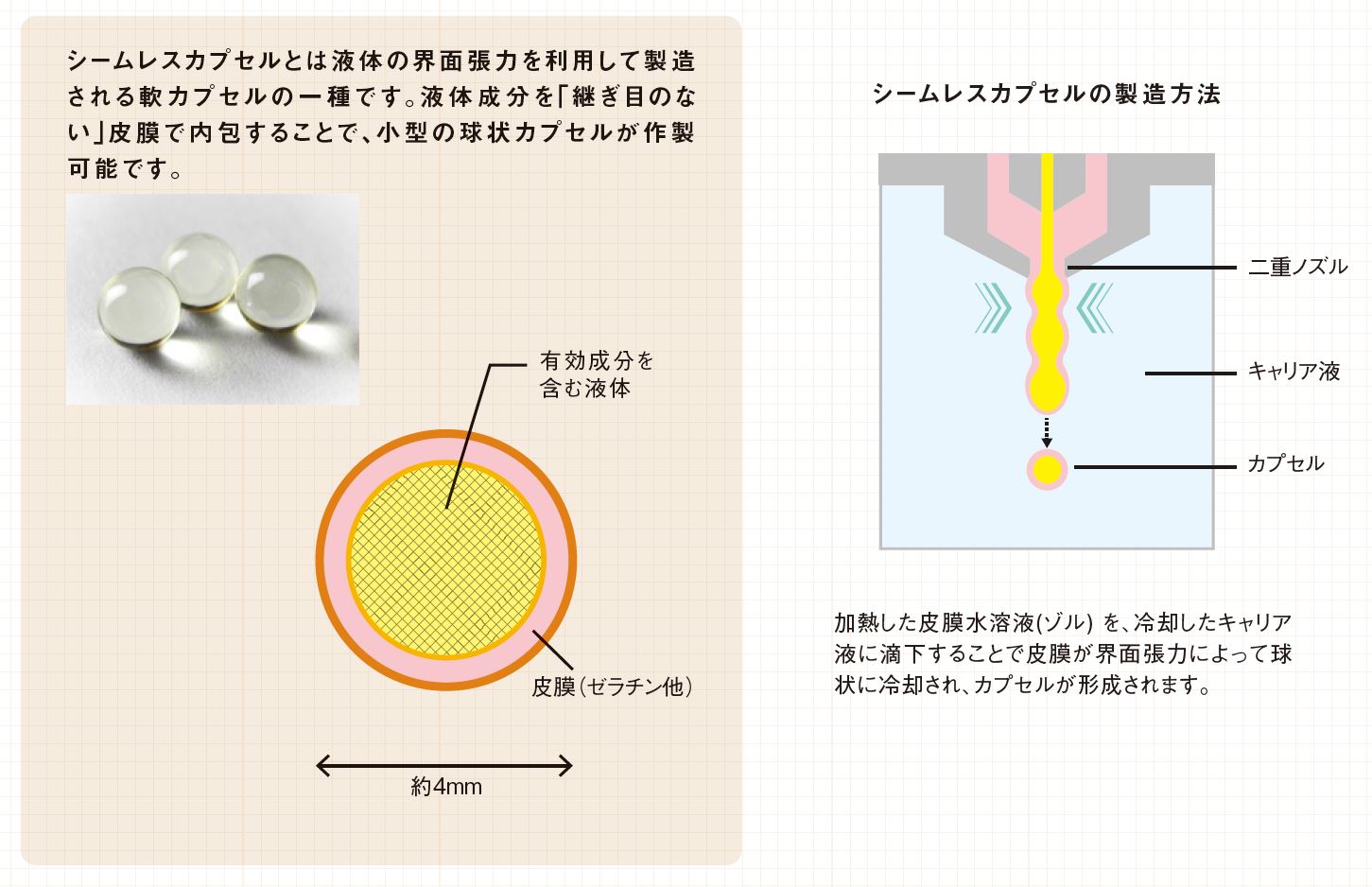 シームレスカプセルの説明と製造方法イメージ